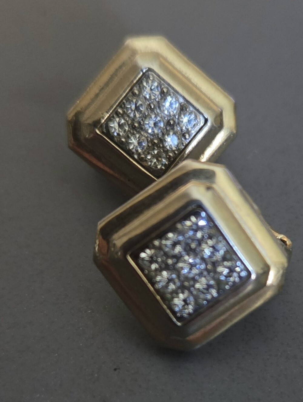 Pave Crystal Earrings Rhinestone Gold Tone Stacked Square Stud Clip On